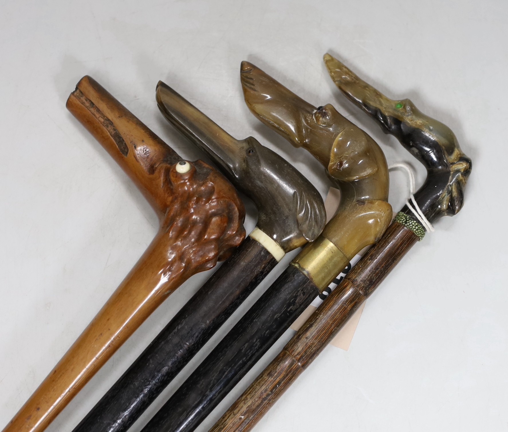 Four dog’s head walking sticks: three carved horn, one wood carved with bone eyes, longest 92cms